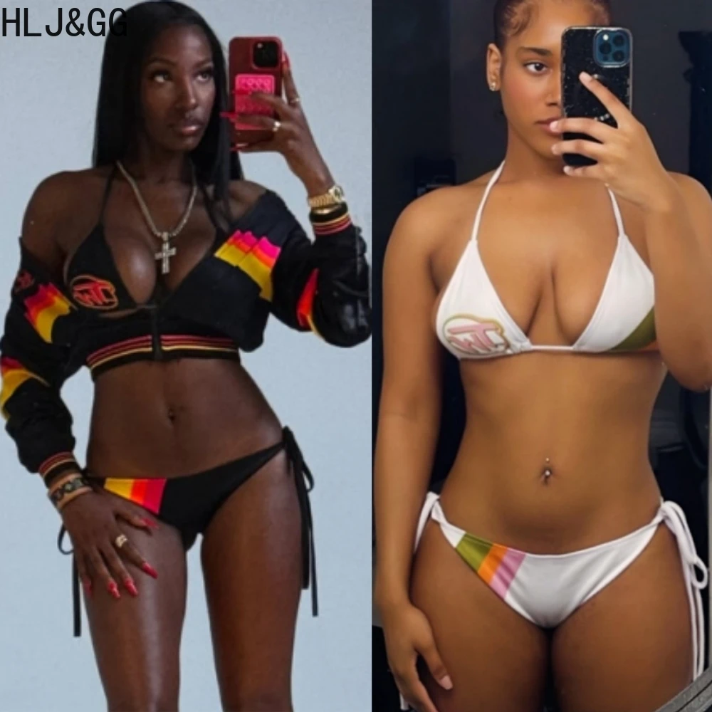 

HLJ&GG Sexy Deep V Printing Bandage Bikini Sets Women Halter Sleeveless Backless Slim Crop Top And Shorts Outfits Beach Swimsuit