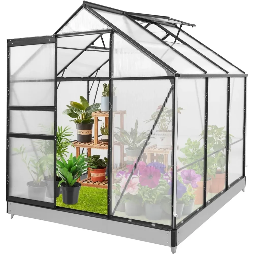 6x6x7 Outdoor Walk-in Hobby Greenhouse with Adjustable Roof Vent and Rain Gutter, Base and Anchor, Polycarbonate Aluminum