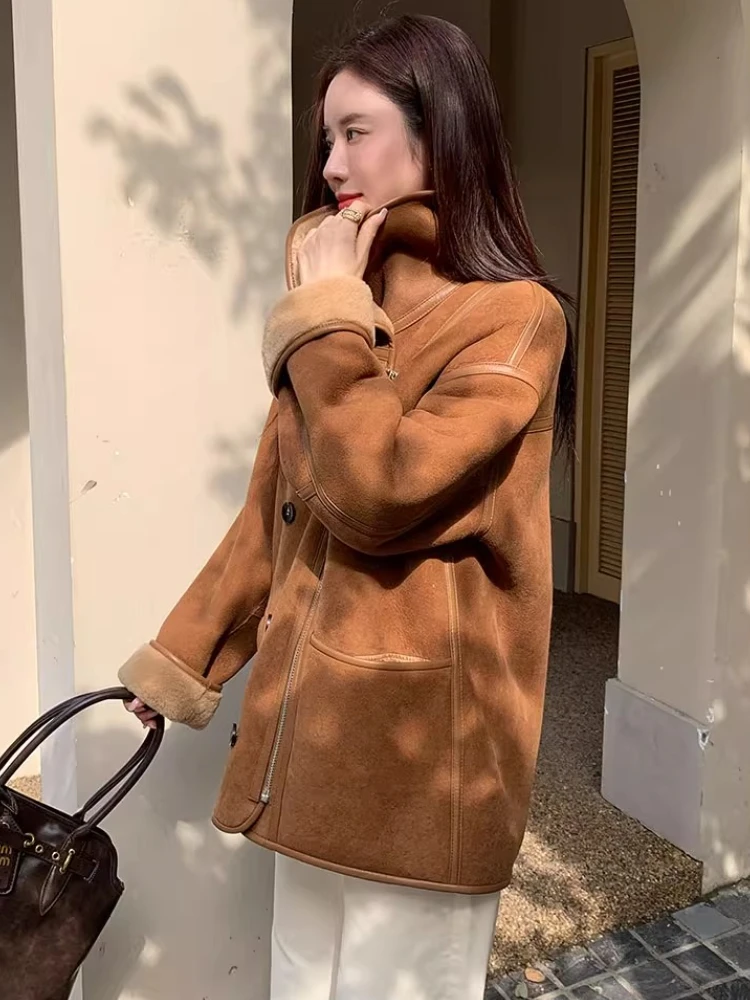 High-end Luxury Merino Sheep Fur Winter Motorcycle for Jacket Women Simple Double-sided Wear Real Fur Genuine Leather Suede Coat