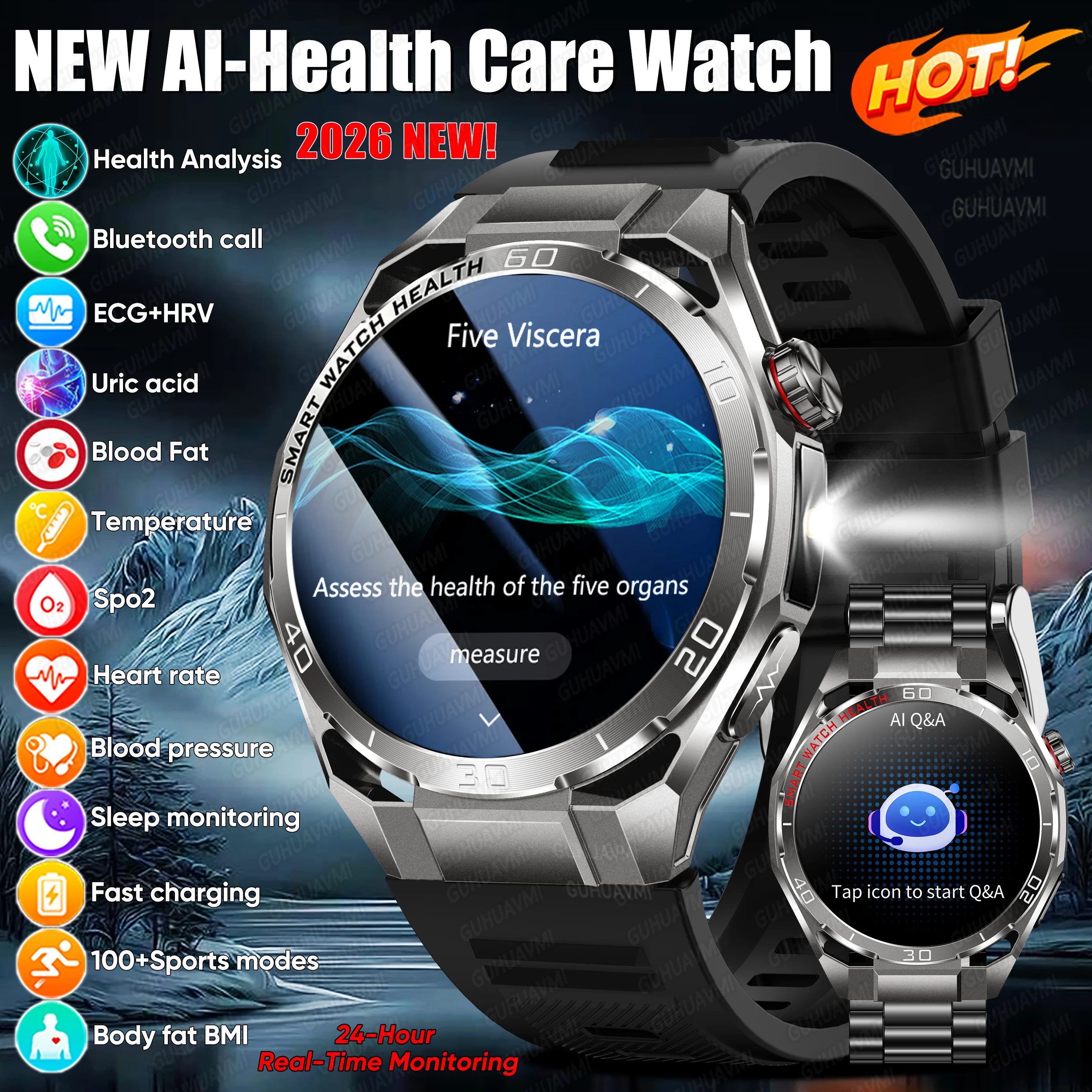 

2026 NEW AI Health Micro Diagnosis Smart Watch ECG+HRV Uric Acid Blood Pressure Bluetooth Call Sports Smart Watch For Men Women