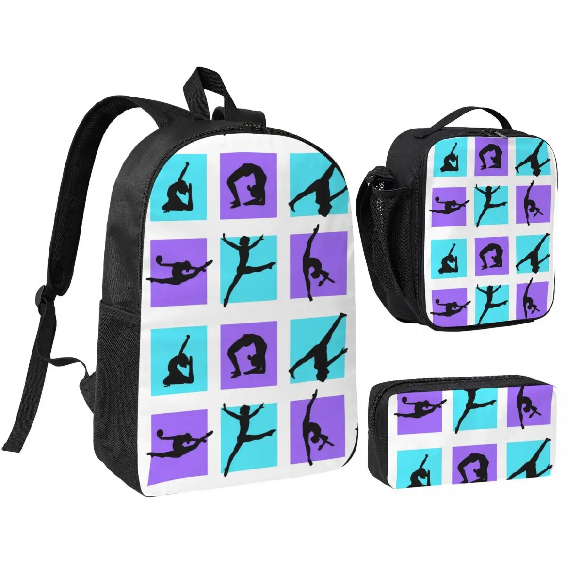 Backpack with Lunch Box Set of 3 Gymnastic School Backpacks Matching Combo for Girls Aesthetic Black Bookbag Pencil Case Bundle