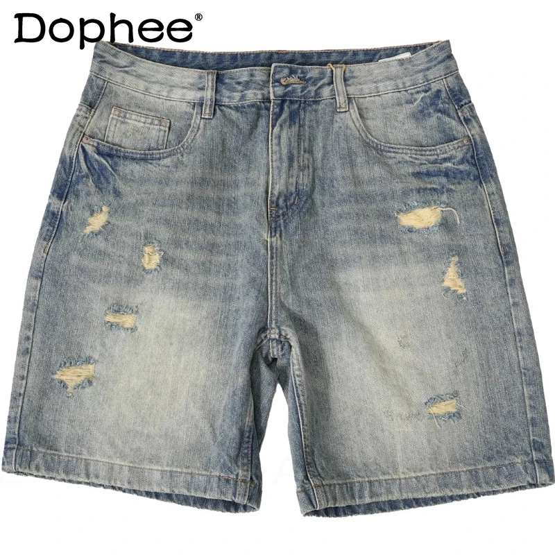 

Fashion Hole Design Denim Shorts Men's 2026 Spring Summer Straight Loose Trendy Five-point Pants Male Personality Comfort Shorts