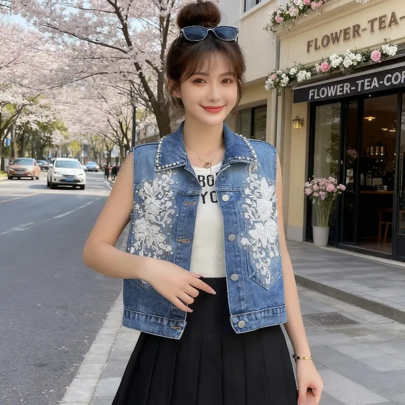 

Lace Embroidery Short Denim Vest Women's Sleeveless Korean Style Spring Summer New Fashion City Commute Standard Outwear