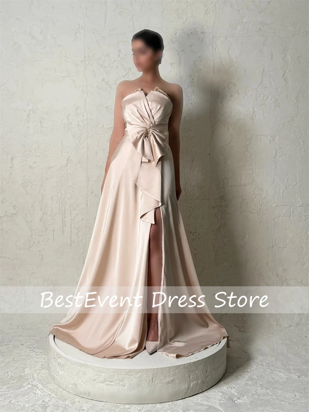 

Customized Formal Fashion Pleat Beading Sequined Bow A-line Strapless Floor Length Dresses Bespoke Occasion Bridal Dresses
