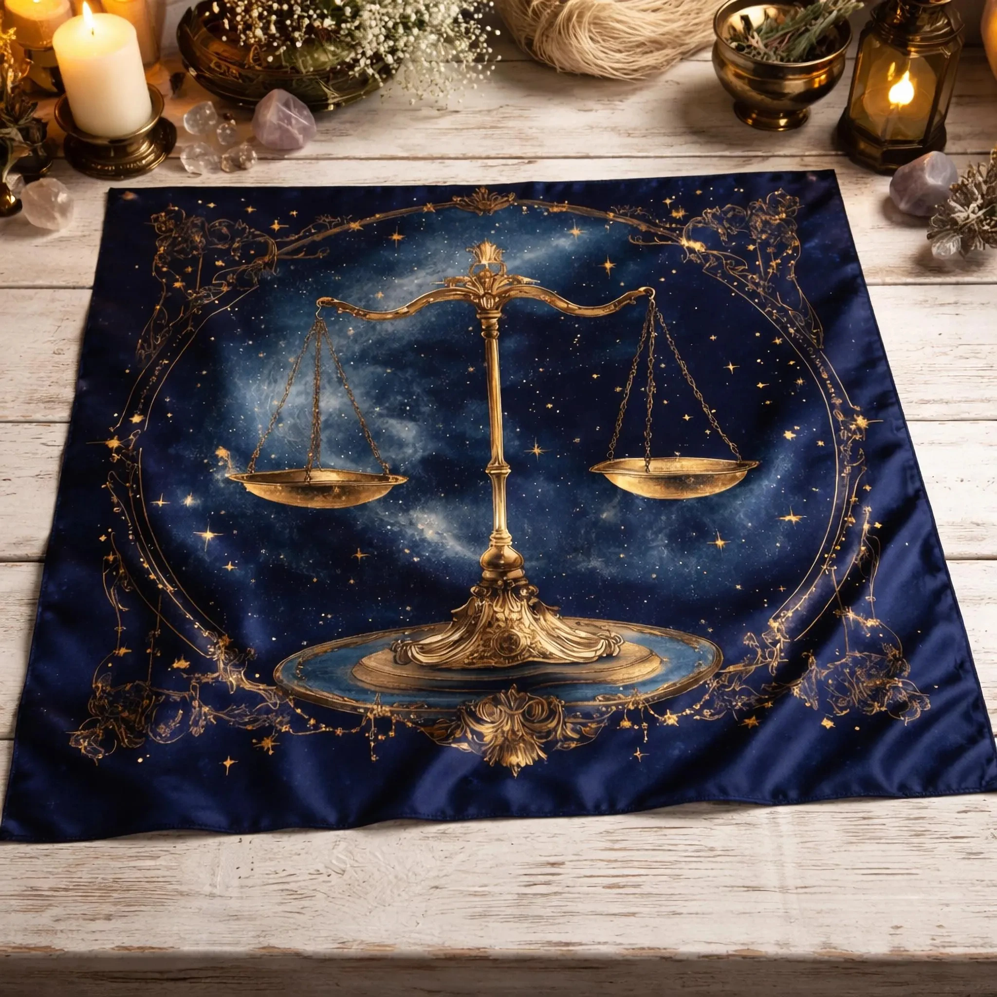 Libra Zodiac Tarot Altar Cloth, Astrology Divination Mat, Boho Witchy Tablecloth, Golden Scale Decor, Flat Print