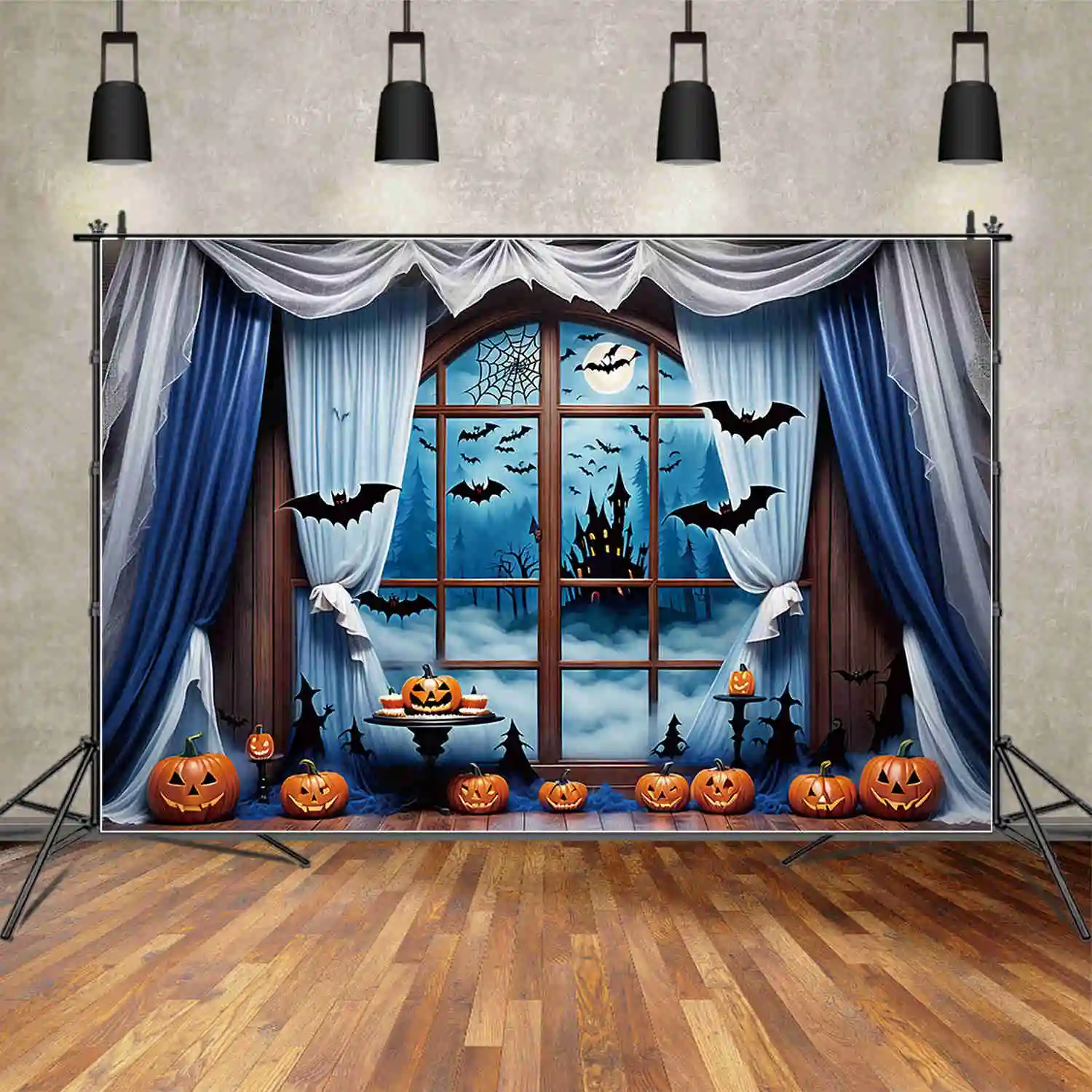 MOON.QG Halloween 2025 Photography Backdrop Children Vampire Costume Pumpkin Castle Photo Backgrounds Studio Photobooth Supplies