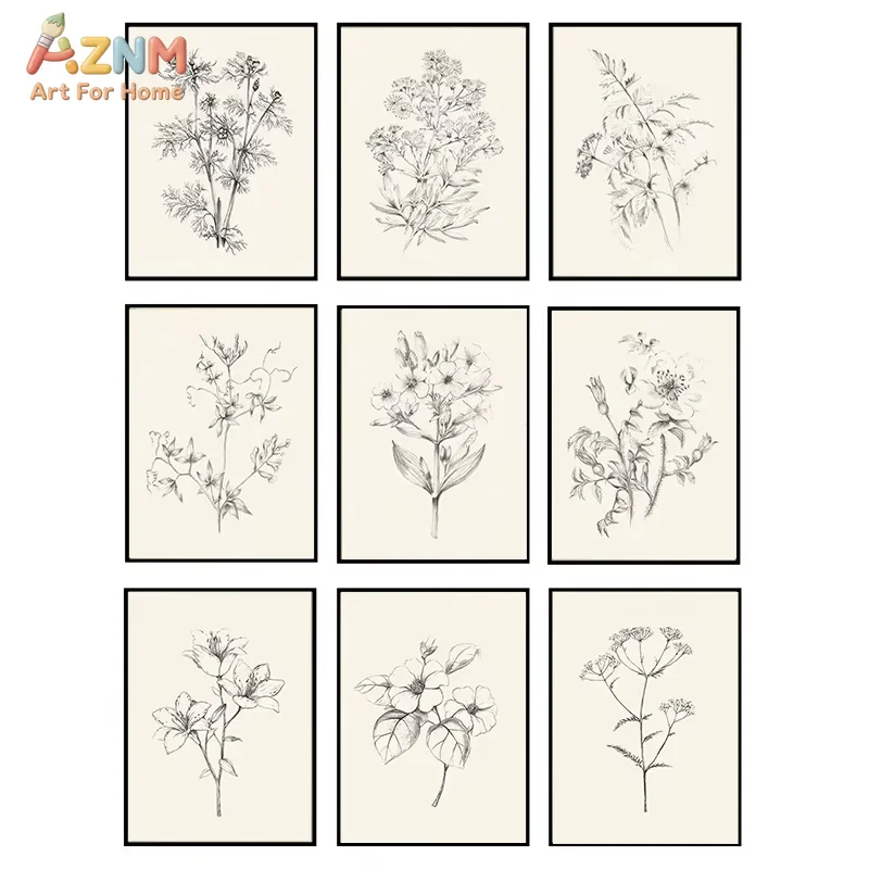 1PC Floral Wall Art Canvas Painting Print Black and White Plant Leaf Flower Posters for Bedroom Gallery Home Aesthetic Decor