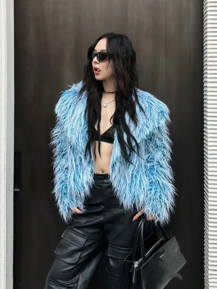 

Женское пальто синего ягненка с мехом ягненка, корейское пушистое, экологически чистая зимняя верхняя одежда, облегающая длина, уличная одежда