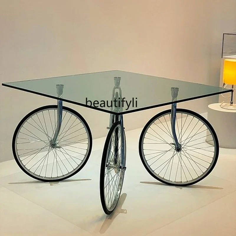 

S7486 ss Nordic Modern Designer Creative Transparent Glass Tea Table Leisure Living Room Dining Table Model Room Wheel Tea Table