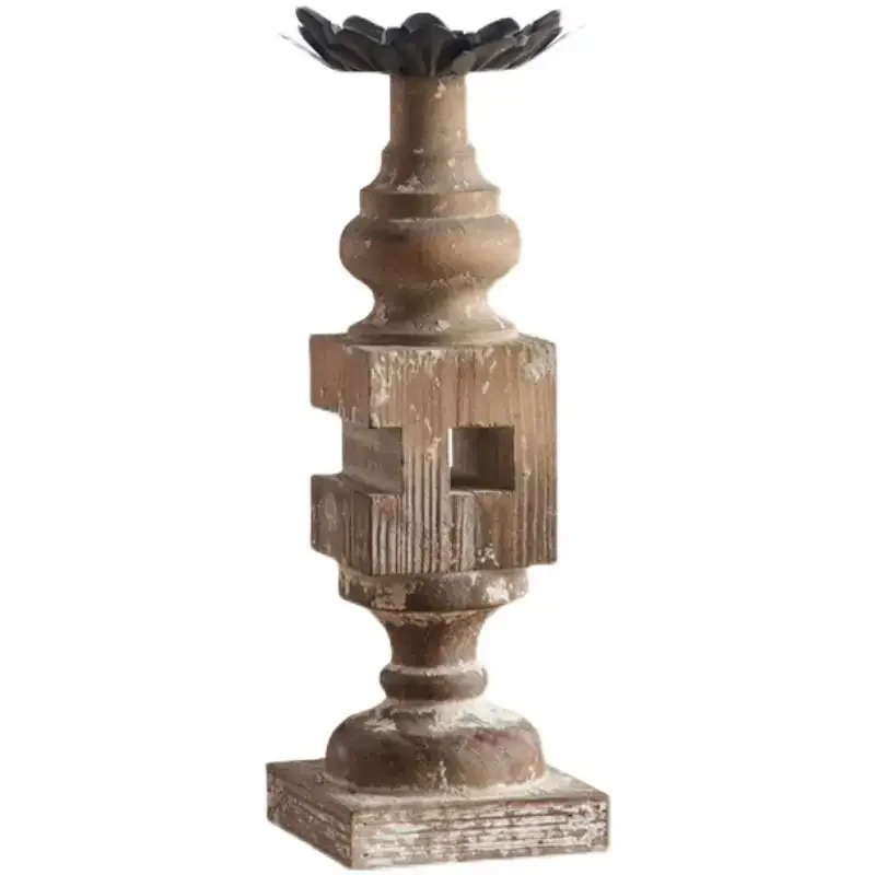 

American creative solid wood candle holder, carved, wrought iron, jewelry, metal decorative candle holder, retro