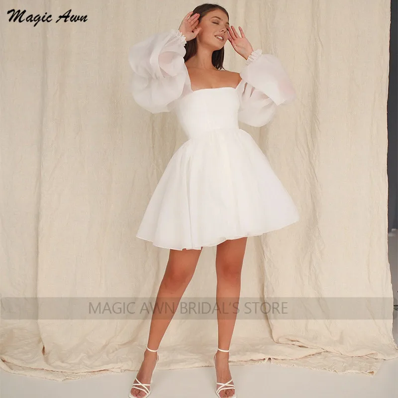 Magic Awn New Off The Shoulder Wedding Dresses Short Boho Puffy Sleeves Illusion A-Line Mini Bridal Gowns Lace-Up Back Robes