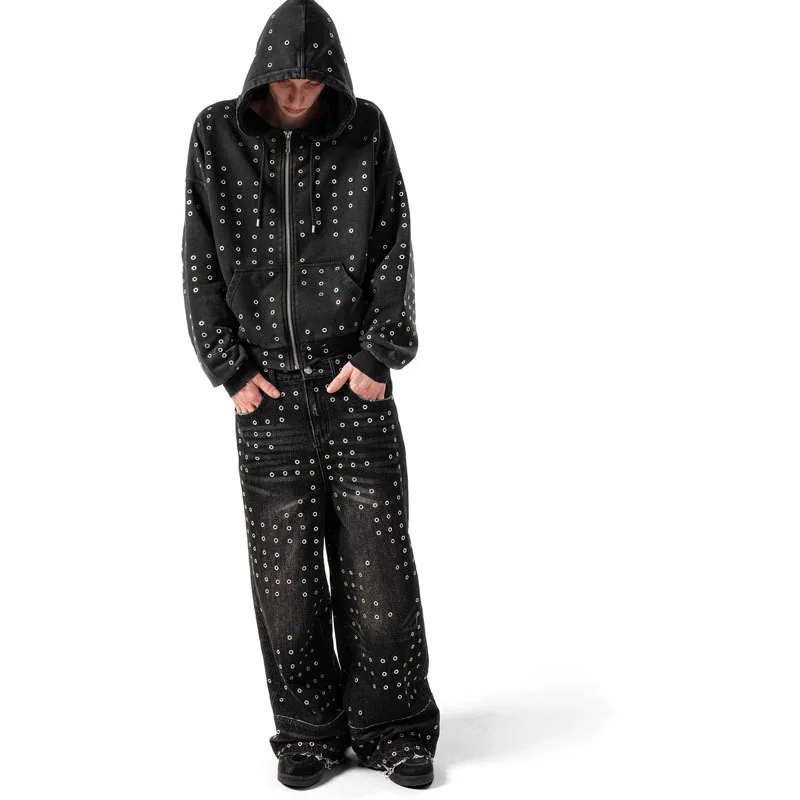 2025 جديد المسامير لكمة الرجال والنساء زوجين سترة الشارع الشرير الظلام نمط الخريف والشتاء الدافئة هوديي النساء Y2K نمط