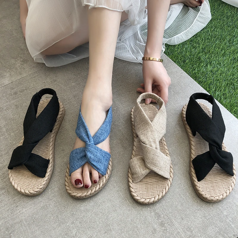 

Women's Fashion Trend Linen Belt with Anti Slip and Wear-resistant Soft Bottom and Flat Sandals Casual Beach Sandalias De Mujer
