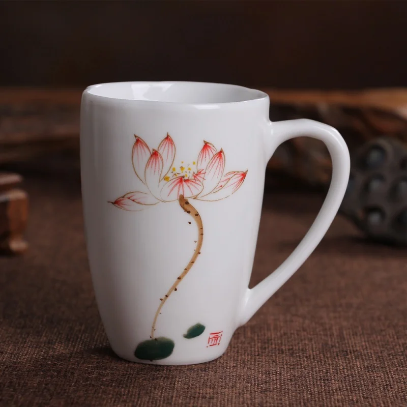 ★Jingdezhen Ceramic Creative Gift Cup Matt White Glaze Hand Painted Lotus Cup Set Scented Tea Cup