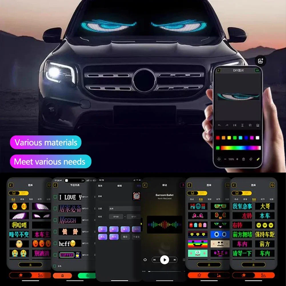 

1 пара Devil Eyes Light Bluetooth APP Control с автомобильным зарядным устройством DIY Программируемый гибкий светодиодный дисплей Прокруткающий знак Грузовик