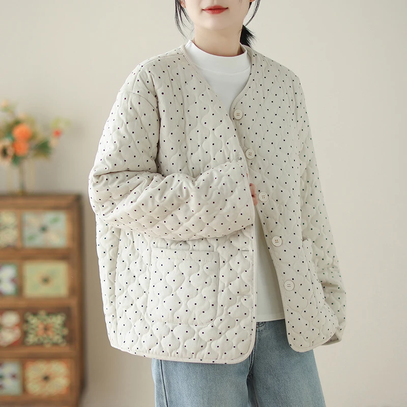 

Женская модная рубашка-куртка больших размеров в горошек из хлопка для осени и зимы: свободная, легкая, теплая верхняя одежда в повседневном стиле