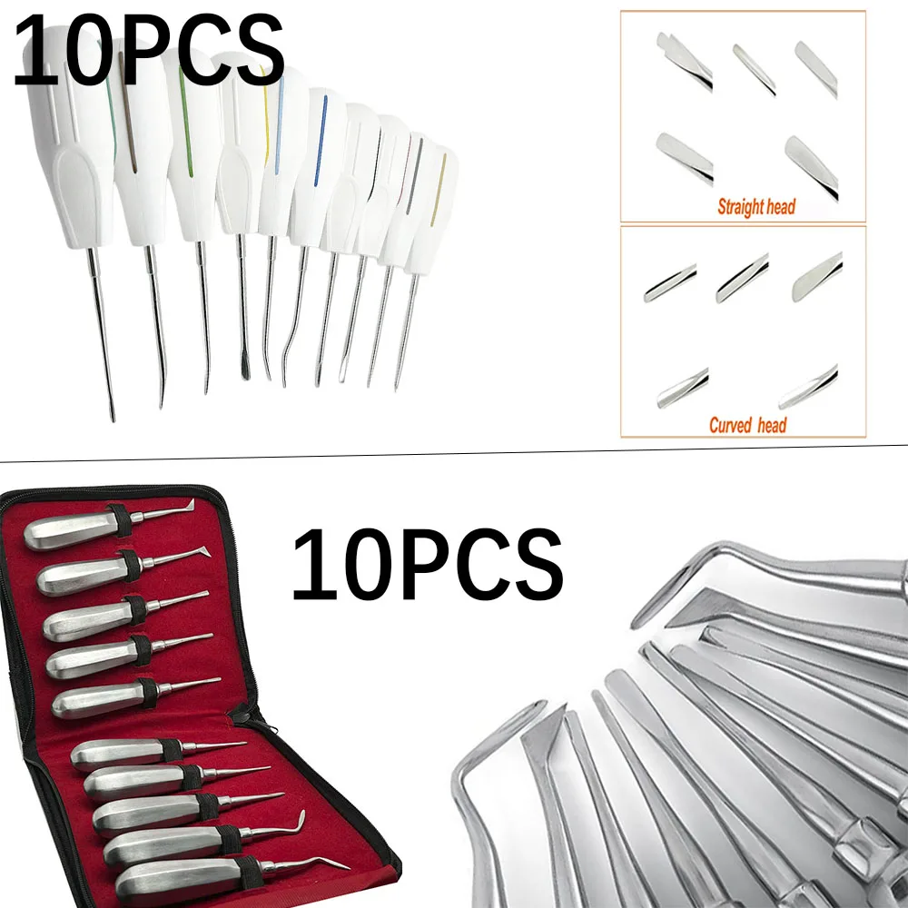

10 PCS Stainless Steel Dental Elevator Kit Straight and Curved Root Elevators for Minimally Invasive Tooth Extraction Tools