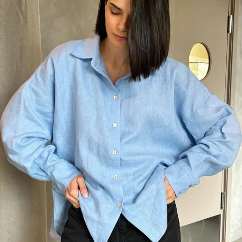 Ammug White Women's Shirt Long Sleeve Elegant Solid Blouse Woman Vintage Summer Loose Shirts for Women Basic Top Collar