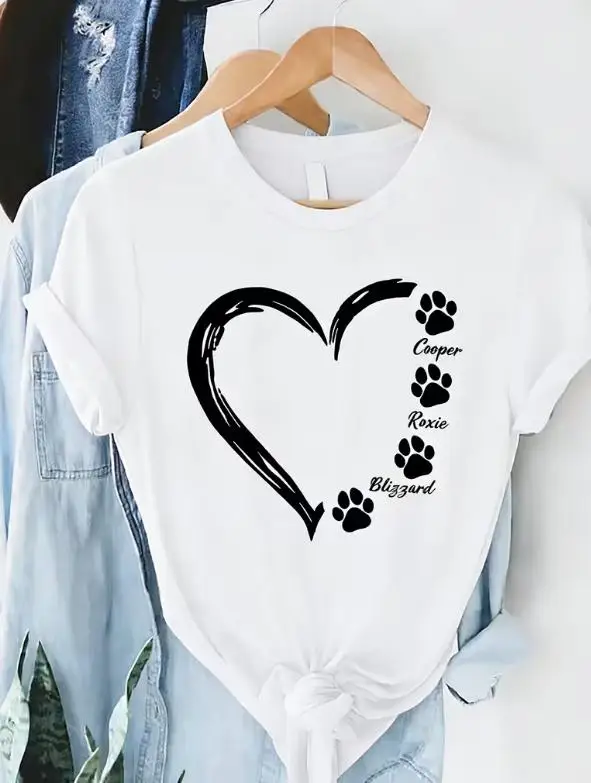 Women Custom Pet Name Graphic T Shirt Personalized Hand Drawn Heart Paw Print Round Neck Short Sleeve Custom Gift For Dog Mom Pet Lovers Tee