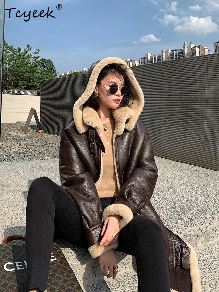 Tcyeek ウール 秋冬 ハイエンド トレンド フード付き 無地 ミディアム丈 レディース ウール シアリング ファーコート ファー レディース