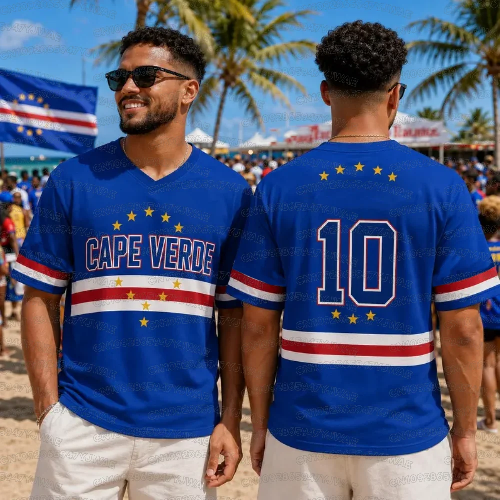 Summer Women's Men's Cape Verde Print V-Neck Short Sleeve T-Shirt Graphic Tee Jerseys Plus Size Sport T-Shirt Soccer Fans