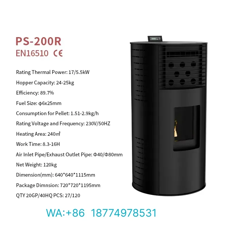 for PS-200R 17/5.5kW Indoor Pellet Stove Freestanding Biomass Fireplace WiFi Control Remote Heater Carbon Steel CE EN16510
