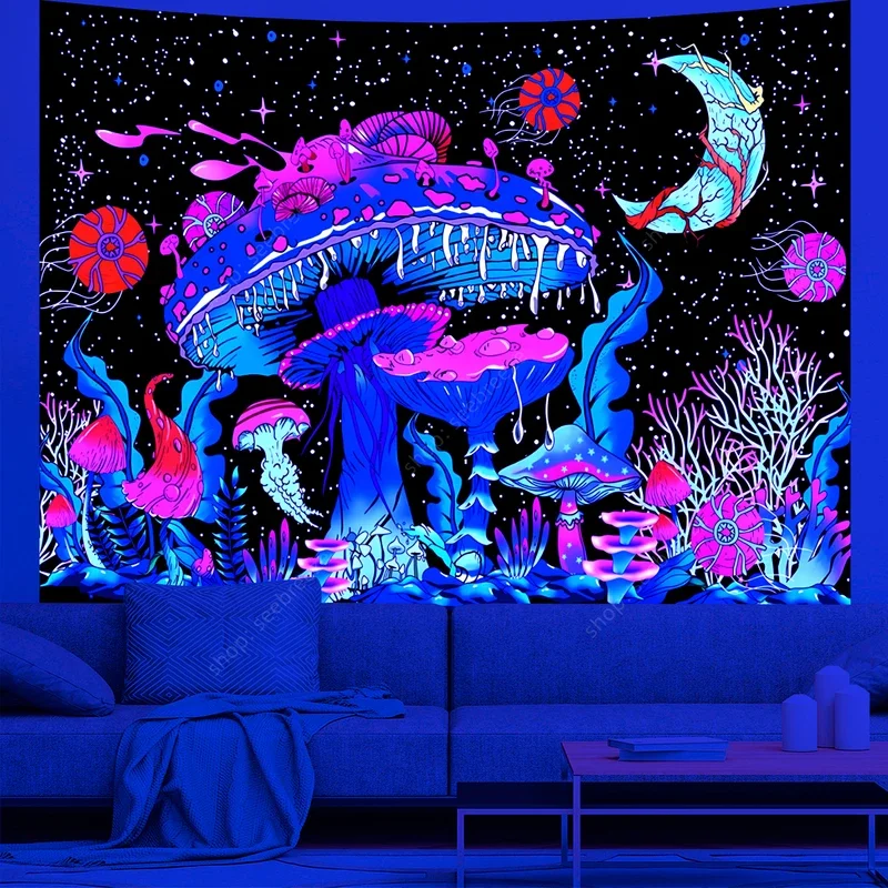 Psychedelic mushroom UV reactive tapestry aesthetic moon starry night sky tapestry wall hanging hippie room wall decor curtain