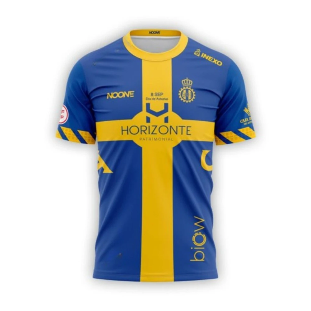 Camiseta de fútbol azul y amarilla - Sponsor "HORIZONTE" con diseño cruzado Ropa de fútbol de alta calidad para fanáticos