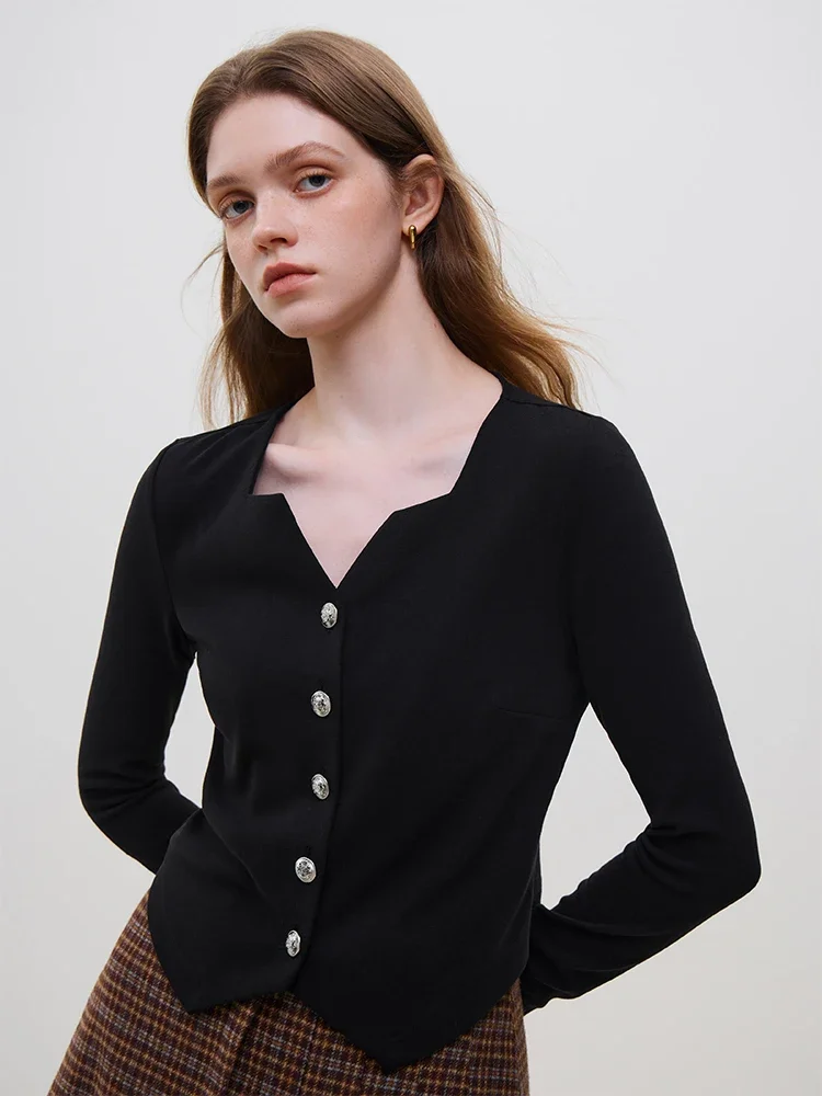 FSLE French Elegant Style Design Sense Neckline Shirt Bottom T-shirt Commuter Top Female Black Women Full Sleeve Tops For Women