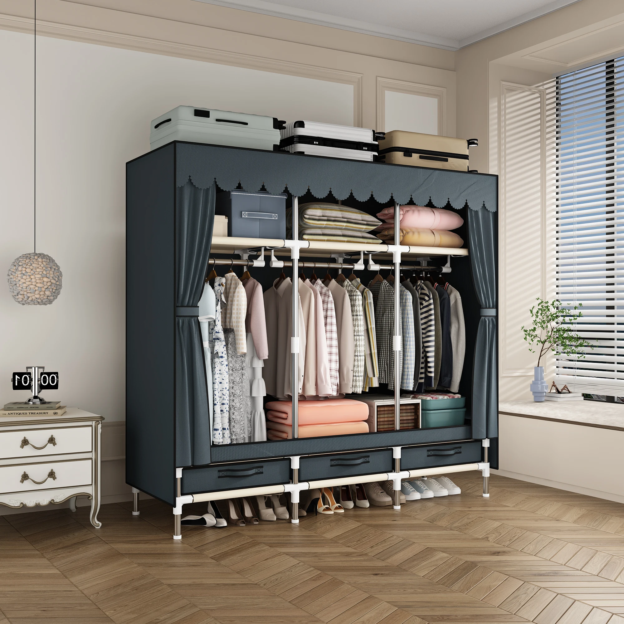 

65-дюймовый тканевый шкаф с выдвижными ящиками, большой портативный шкаф с пылезащитным чехлом в комплекте, органайзер для хранения для квартиры в спальне