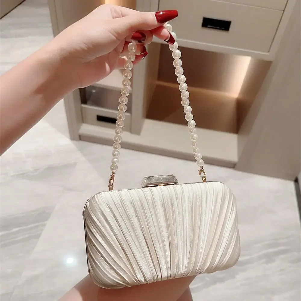 Silk Evening Bag Women Elegant Fashion Banquet Clutch Pearl Chain Shoulder Bags Luxury Purse Female Wedding Party Handbags