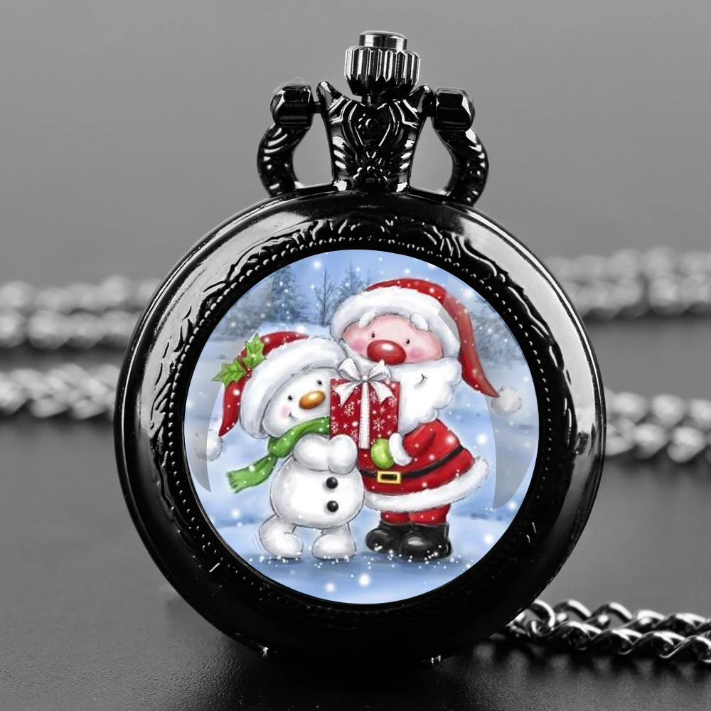 Christmas Santa Snowman Glass Dome Quartz Pocket Watch With Durable Chain Arabic Numeral Dial Extraordinary Gifts for Men Kids