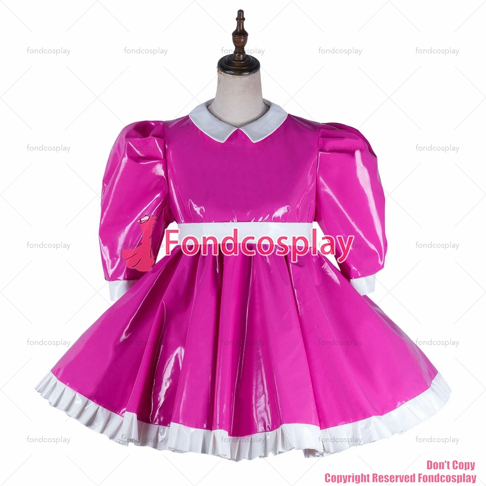 fondcosplay adult sexy cross dressing sissy maid short hot pink heavy pvc dress lockable peter pan collar CD/TV[G2160]