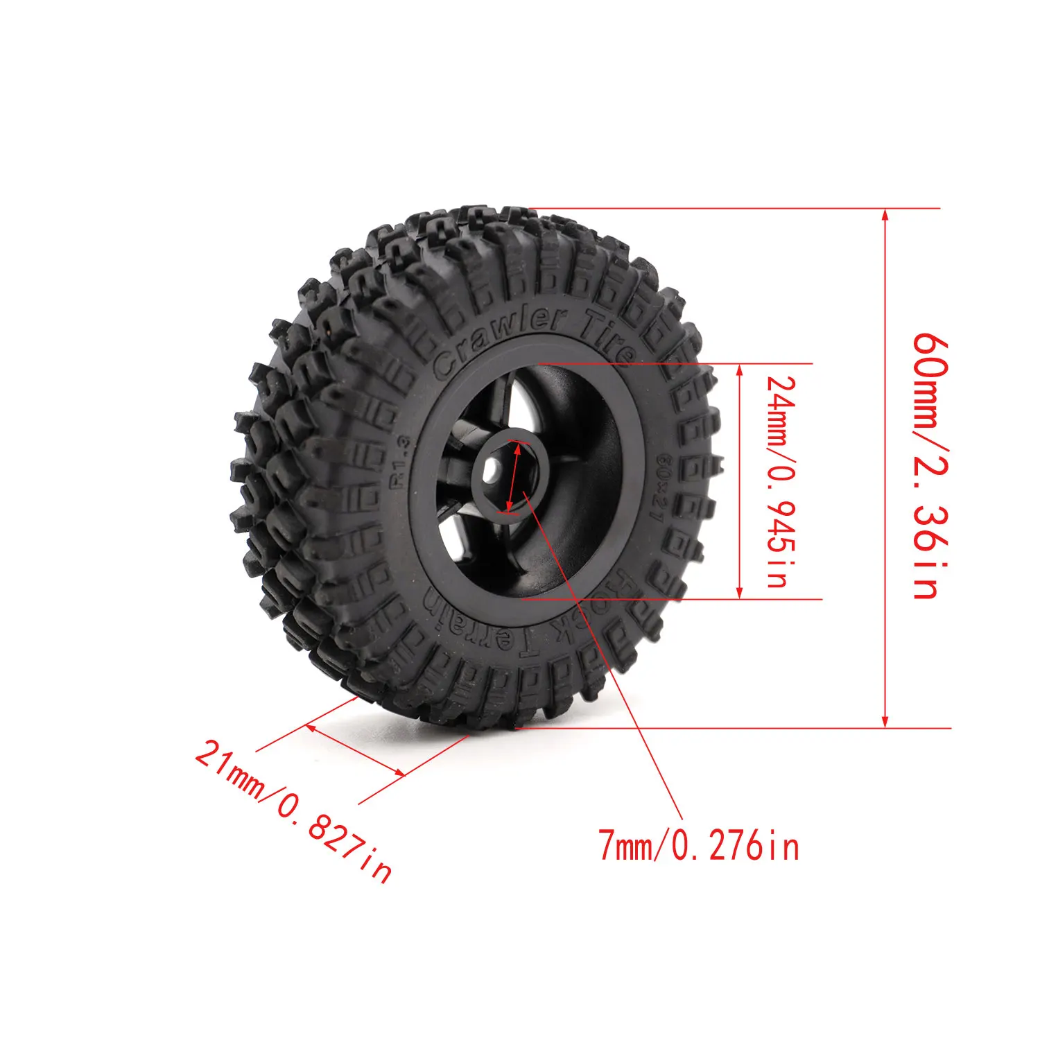 4 SZT. 1.3 cala 60*21mm Przednie Tylne Gumowe Opony Beadlock z Kółkiem Sześciokątnym 7mm do Samochodów RC Crawler 1/18 TRX4M, Akcesoria Tuningowe do Zabawek