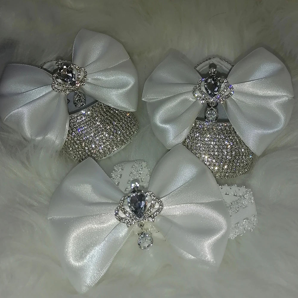 Handmade Creamy White Bow Luxury Rhinestones Baby Girl Shoes First Walker Sparkle Bling Crystals Princess Shoes Shower Gift