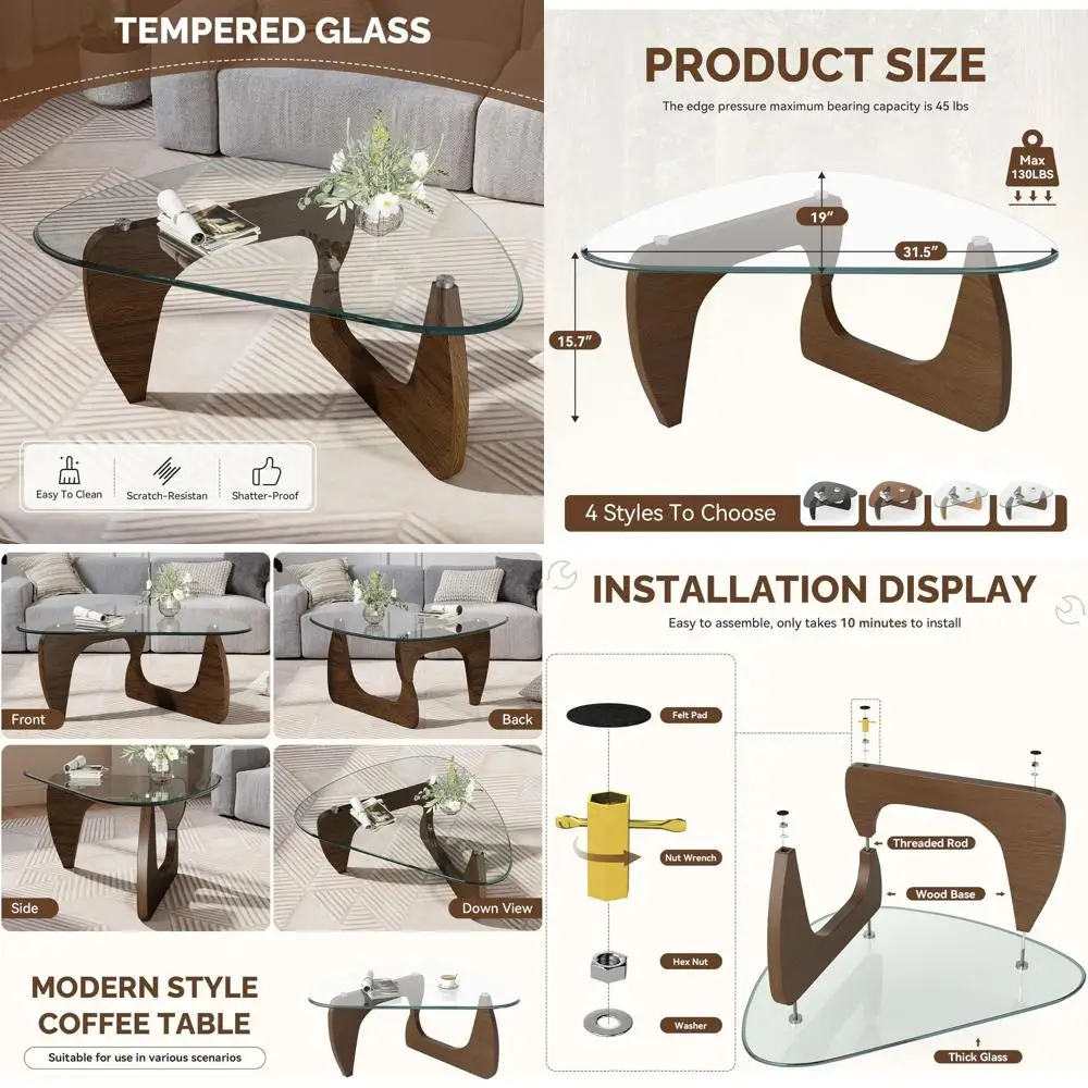 

Журнальный столик с закаленным стеклянным верхом и уникальным деревянным основанием, 31,5 дюйма, для гостиной, цвет орех и прозрачный.