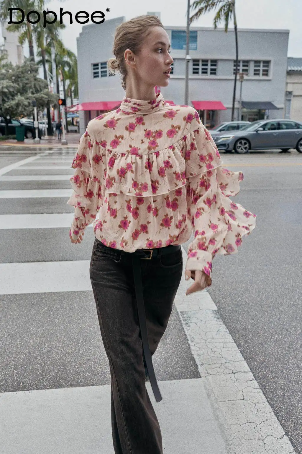 

2026 Spring New Women's Fashion European and American Style Long Sleeve Stand Collar Floral Print Trendy Versatile Top Shirt