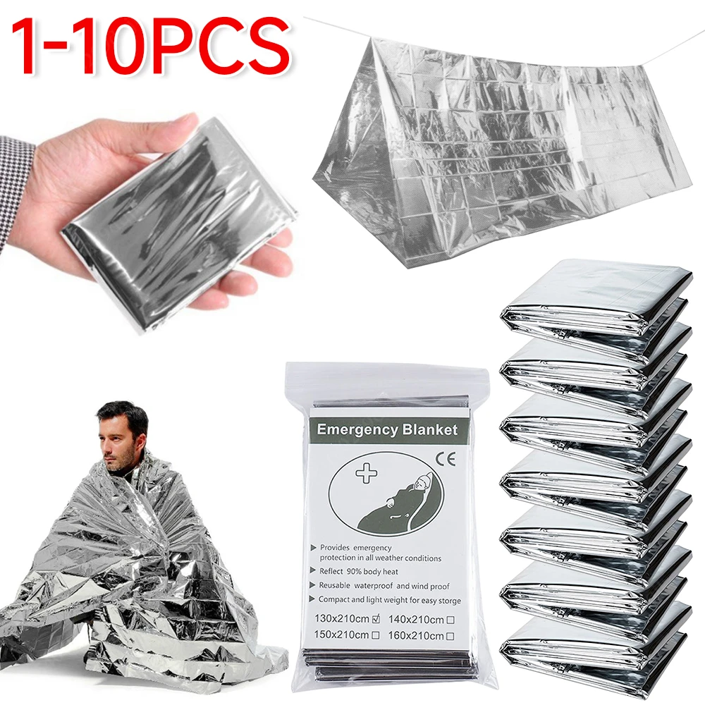 1-10pcs Outdoor Emergency Survival Blanket Silver Waterproof First Aid Rescue Curtain Foil Thermal Military Blanket 130X210cm