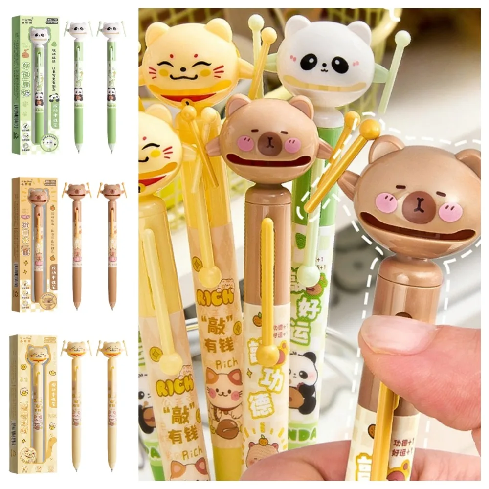 3pcs/set Kitty Capybara Gel Pen Good Looking Maneki-neko Panda Press Gel Pen Soft Grip Black Ink Wooden Fish Fortune Cat Pen