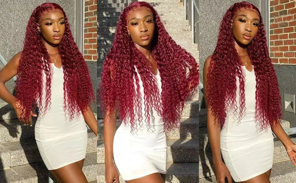 30 40 Inch Burgundy 99j Deep Wave Frontal Wig Colored Curly Human Hair