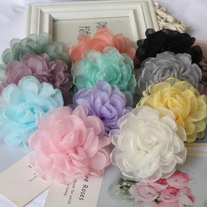Tela de gasa grande hecha a mano, flor Artificial para vestido de novia, decoración de sombreros, 9,5 CM, 5 unidades por lote