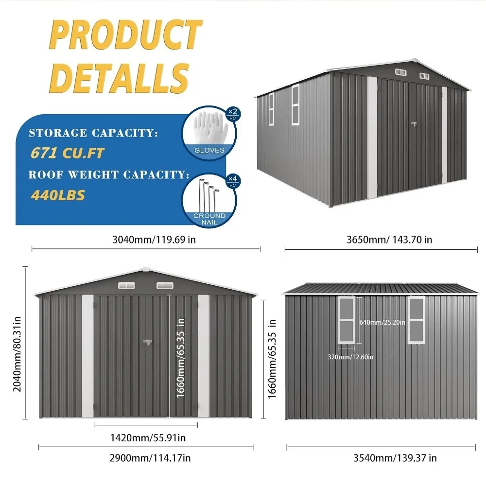 10x12x6.7FT Outdoor Storage Shed, Galvanized Steel Garden Shed with Lockable Door & Window, Waterproof Metal Tool, Custom