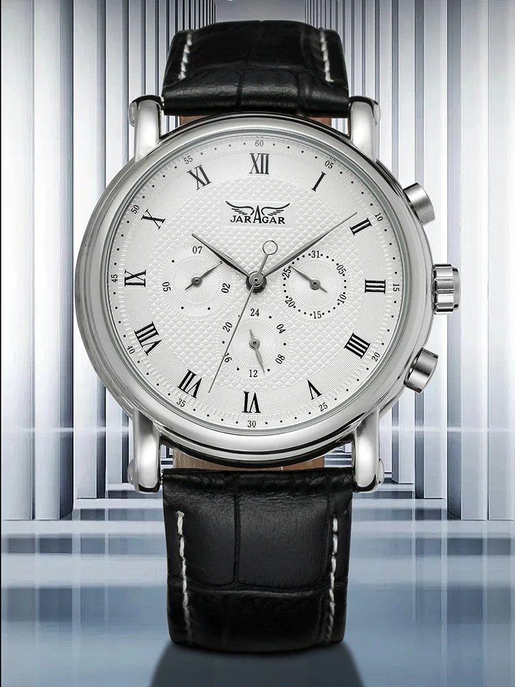 JARAGAR Роскошные бренды Реплика деловых мужских часов Многофункциональные 6-стрелочные автоматические механические кожаные мужские наручные часы