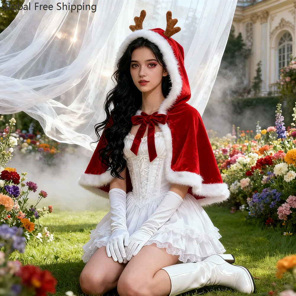 2025 عيد الميلاد قرن الوعل كيب السيدات لطيف عيد الميلاد مقنعين عباءة الأحمر رقيق مثير حفلة عيد الميلاد تأثيري مرحلة الأداء فستان