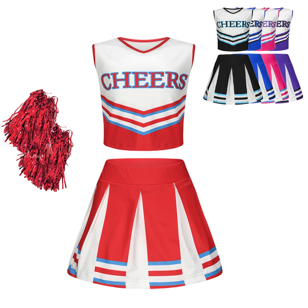 

Children Cheerleader Girls Cheerleading Uniform Cheer Dance Kids Sleeveless Pleated Print Dress Schoolgirl Squad Cosplay Costume