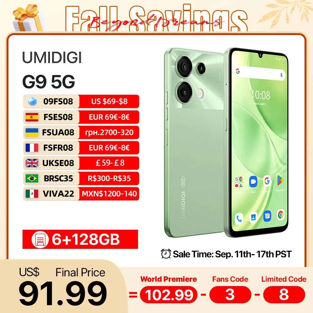 [รอบปฐมทัศน์โลก]UMIDIGI G9 5Gสมาร์ทโฟน5G Android 14 8-Core 6 + 6GB 128GB 6.75 "90Hz HD + 50MP 5000MAh 18Wชาร์จโทรศัพท์มือถือ5G