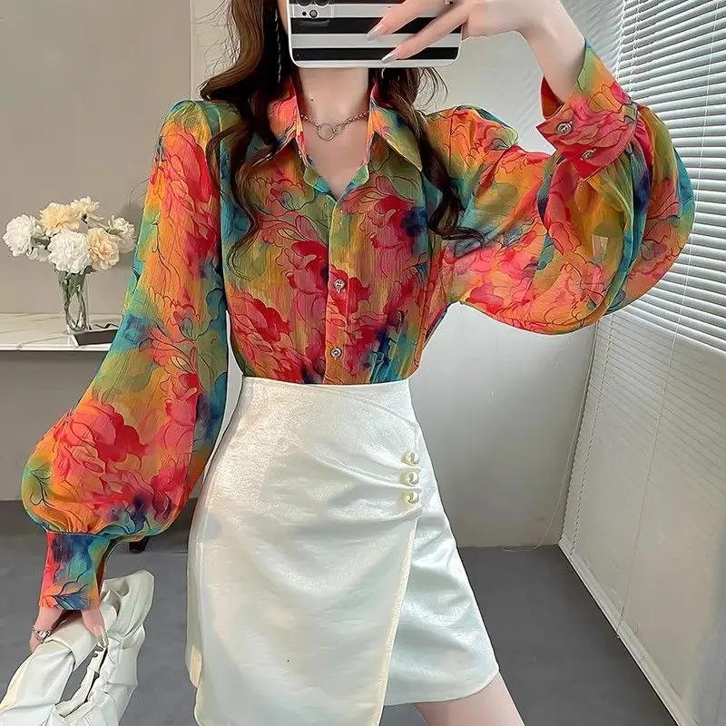 2024 New Summer Oversized High Waist Chic Bohemian Retro Office Lady Women\'s Shirt Irregular Print V Neck Long Sleeve Y2K Tops