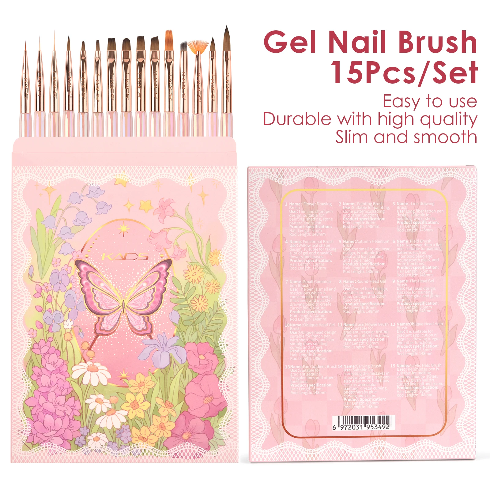 

Pink Nail Brush Set 15Pcs French Thin Liner Nail Art Pen High Quality Professional Drawing Brush KADS Manicure Tools