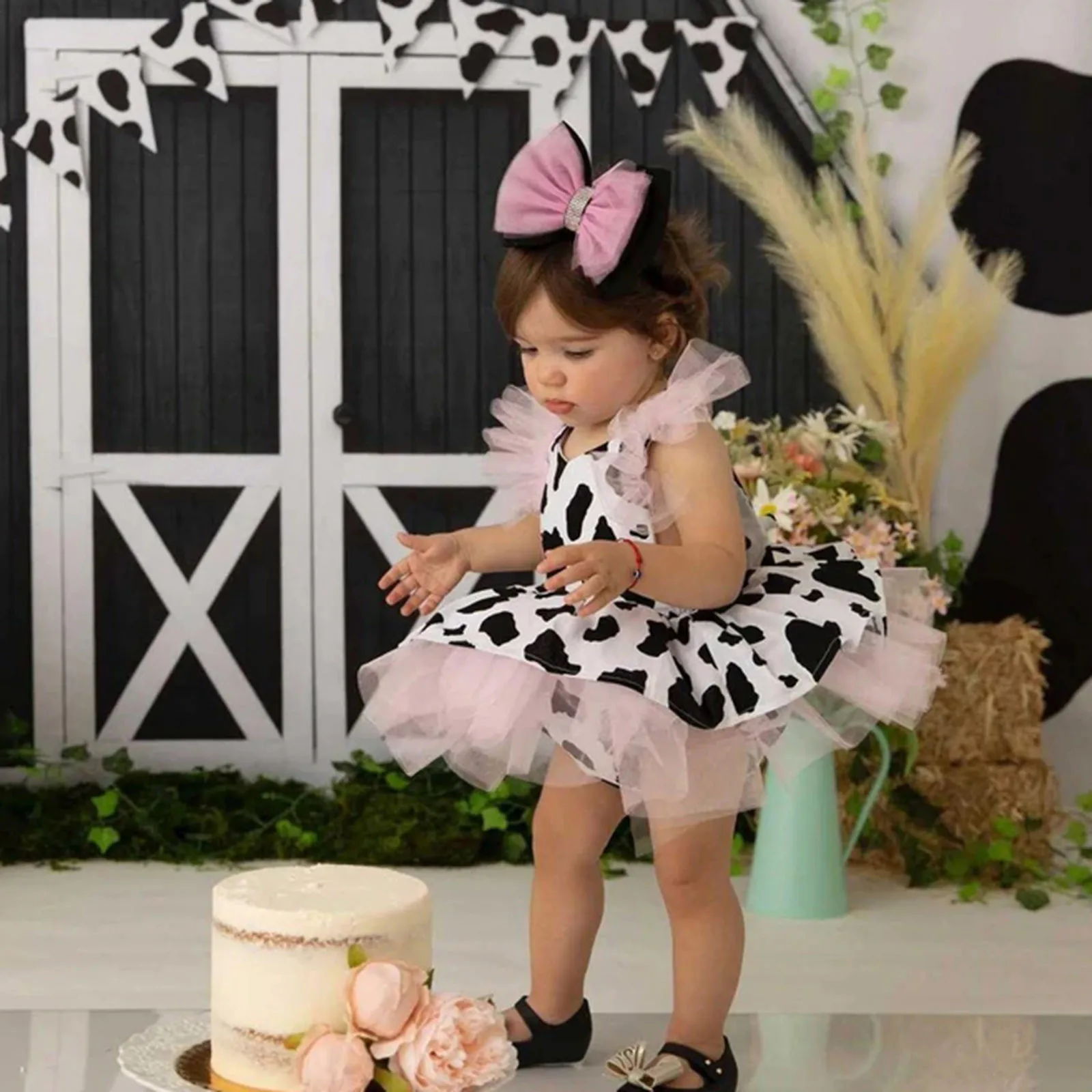 0-4Y Toddler Baby Girls Romper Dress Infant Cow Print Tulle Clothes Newborn Sleeveless Tutu Dresses Party Performance Outfits