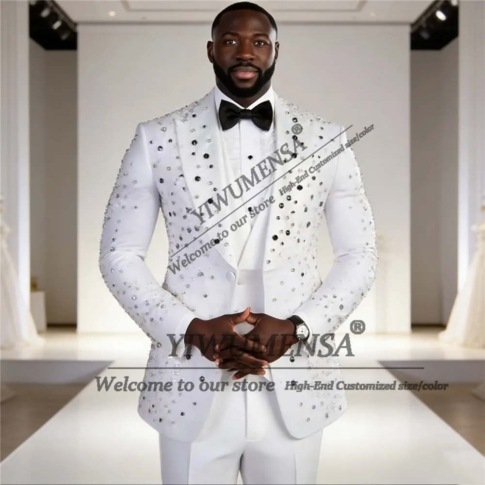 

Glittering Beaded Stones Suit Men Slim Fit Shawl Lapel Jacket Vest Pants 3 Piece Groom Wedding Tuxedos Customized Ropa Hombre